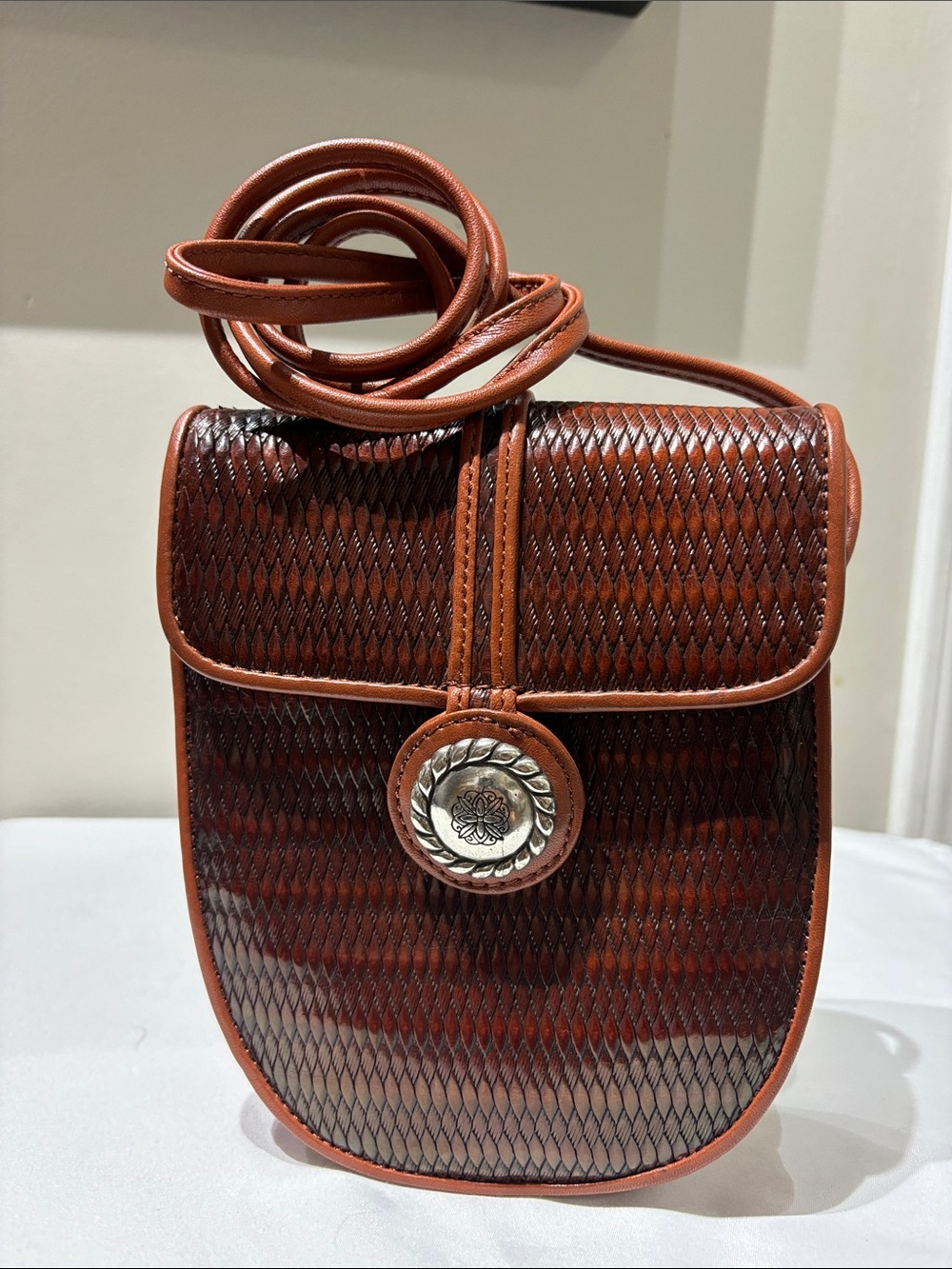 Vintage Brighton Woven  Crossbody Bag in Rich Brown with Silver Concho